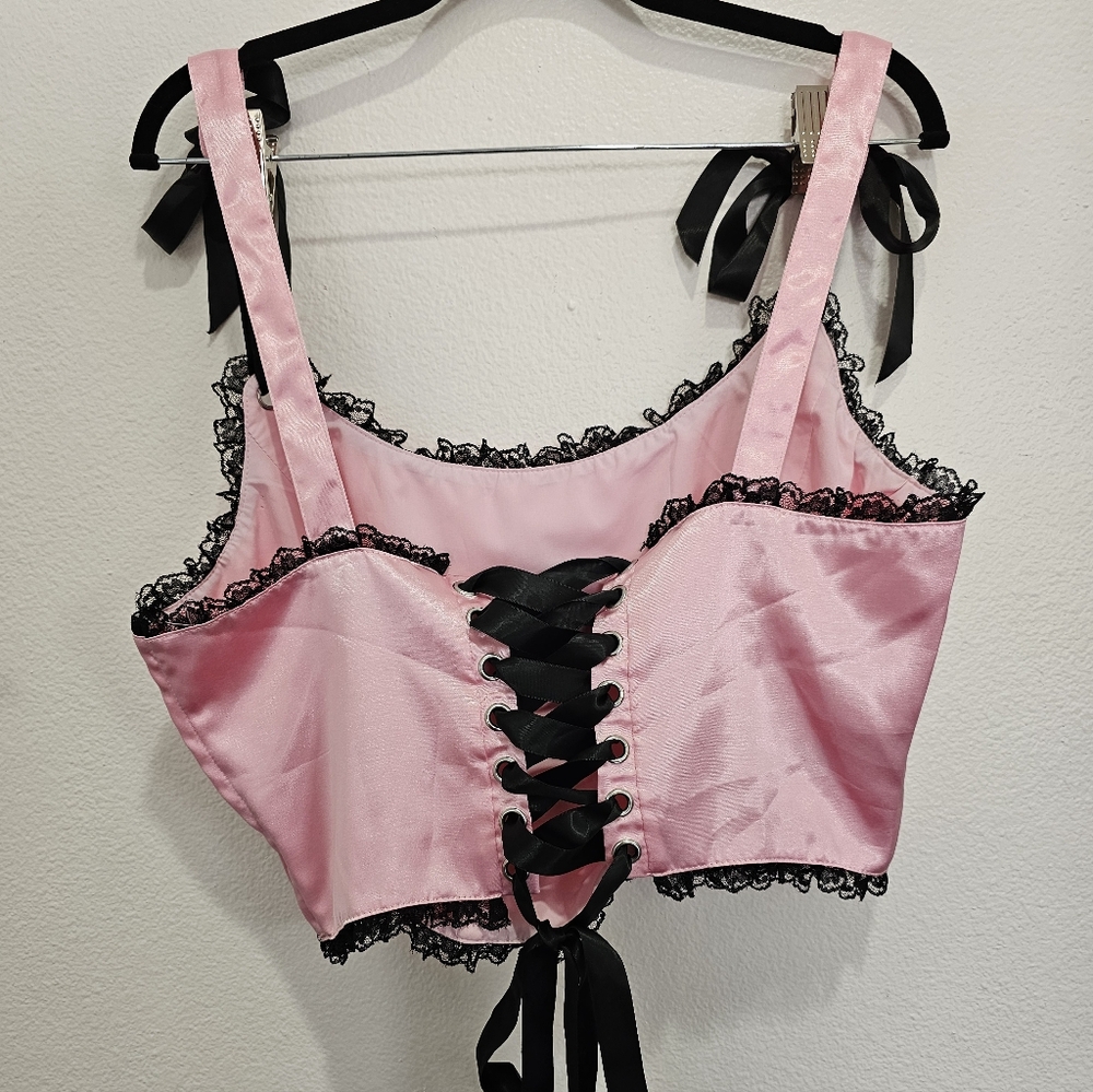 Pink & Black Cross Satin Corset Top - Picture 2 of 6